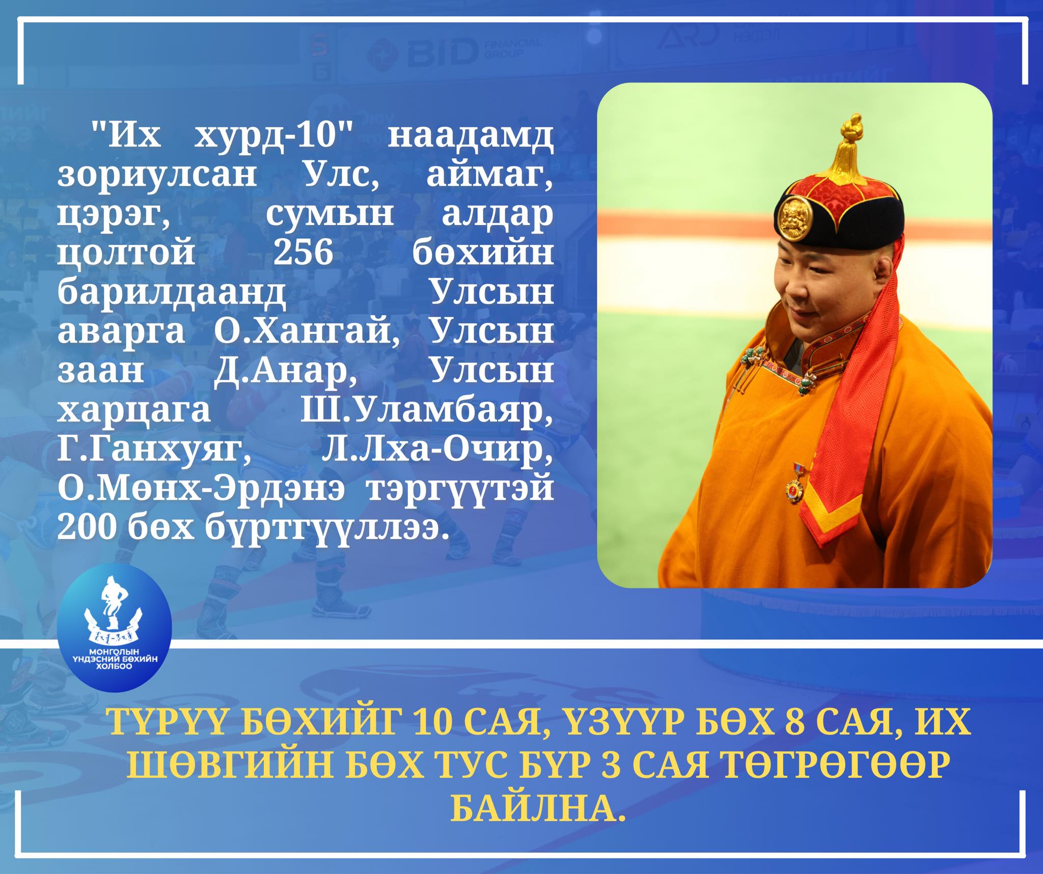 "Их Хурд-10" наадмын бөхийн барилдаанд Улсын аварга О.Хангай, Улсын заан Д.Анар, Улсын харцага Ш.Уламбаяр, Г.Ганхуяг, Л.Лха-очир, О.Мөнхэрдэнэ тэргүүнтэй 256 бөх барилдна.